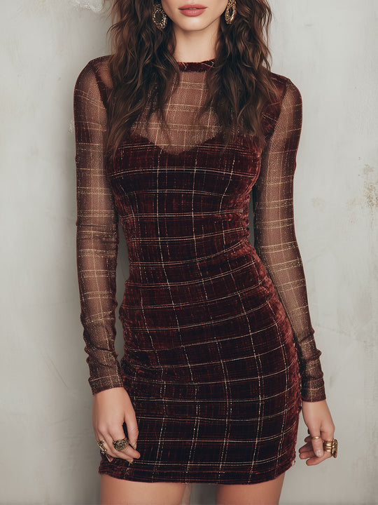 Women's Burgundy Velvet Plaid Bodycon Mini Dress with Sheer Mesh Long Sleeves