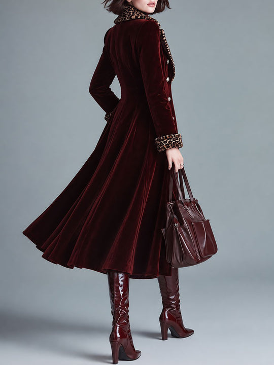 Quiet Luxury Velvet Long Coat With Leopard Faux Fur Collar