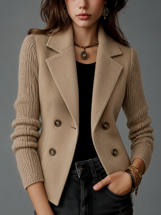 Classic Beige Knit Sleeve Double-Breasted Tailored Jacket