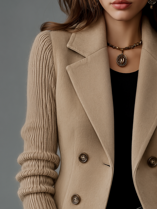 Classic Beige Knit Sleeve Double-Breasted Tailored Jacket
