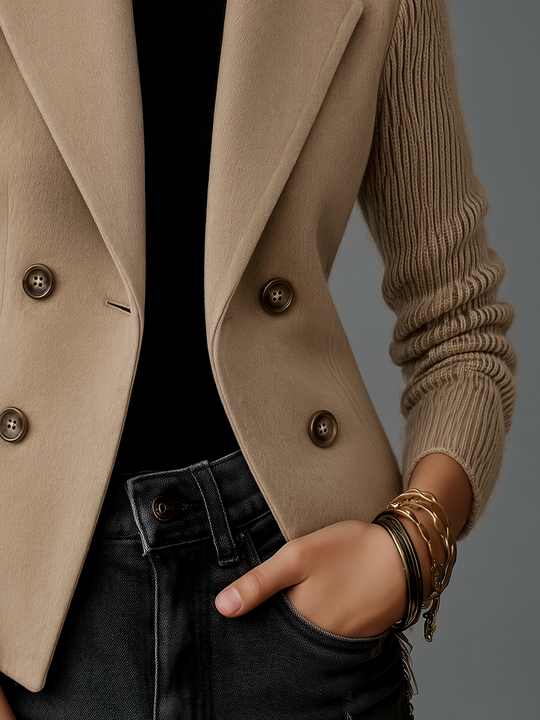 Classic Beige Knit Sleeve Double-Breasted Tailored Jacket