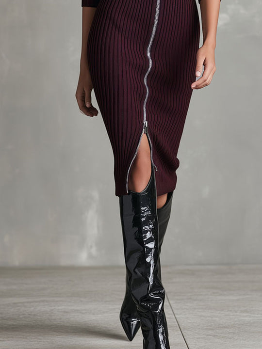 Burgundy Collared Ribbed Knit Zip-Front Bodycon Midi Sweater Dress