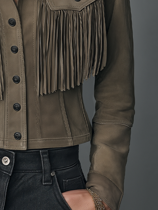 Western Taupe Suede Fringe Button-Up Jacket