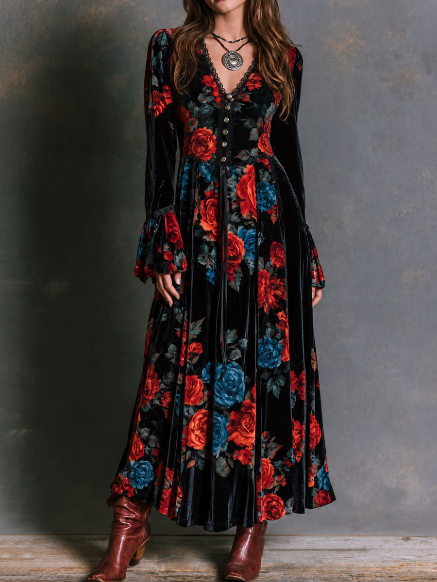 Vintage Black Velvet Rose Print Maxi Dress With Lace Trim And Flared Ruffle