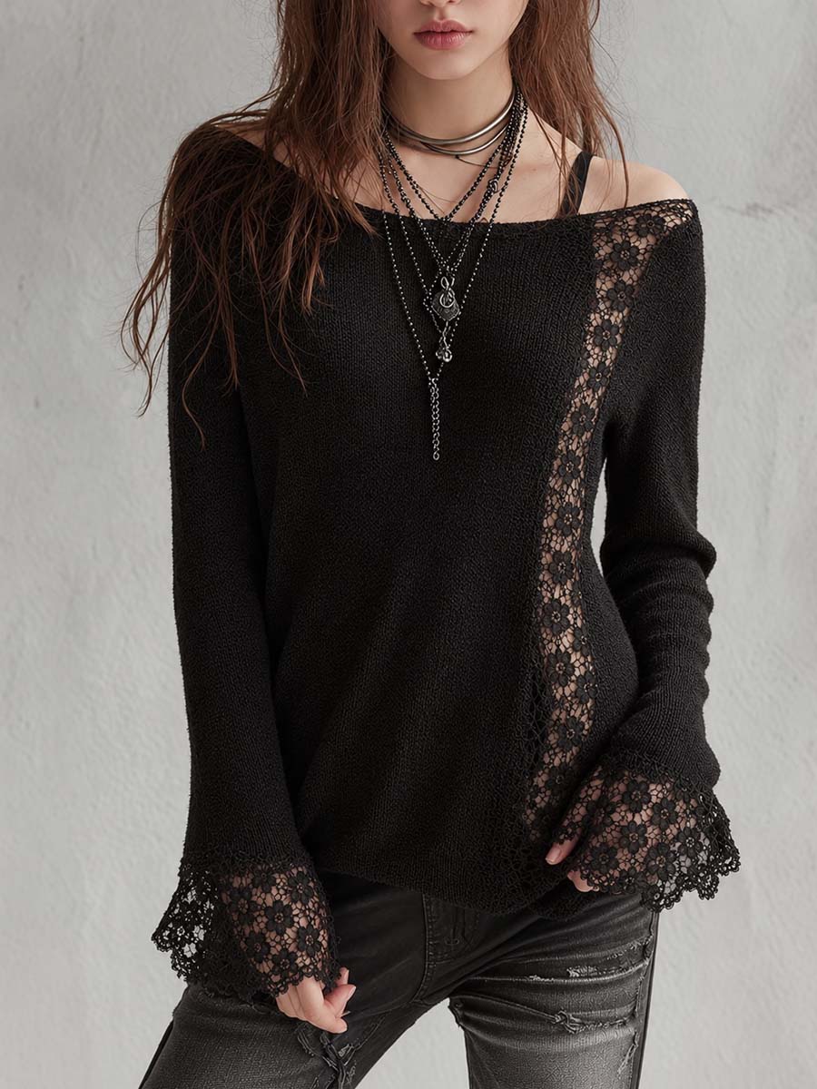 Black Floral Lace Insert Boat Neck Knit Sweater