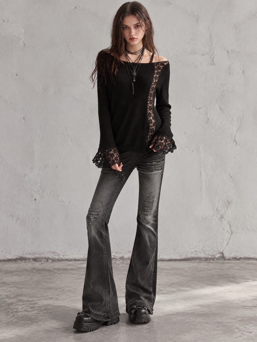 Black Floral Lace Insert Boat Neck Knit Sweater