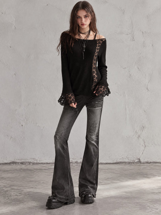 Black Floral Lace Insert Boat Neck Knit Sweater