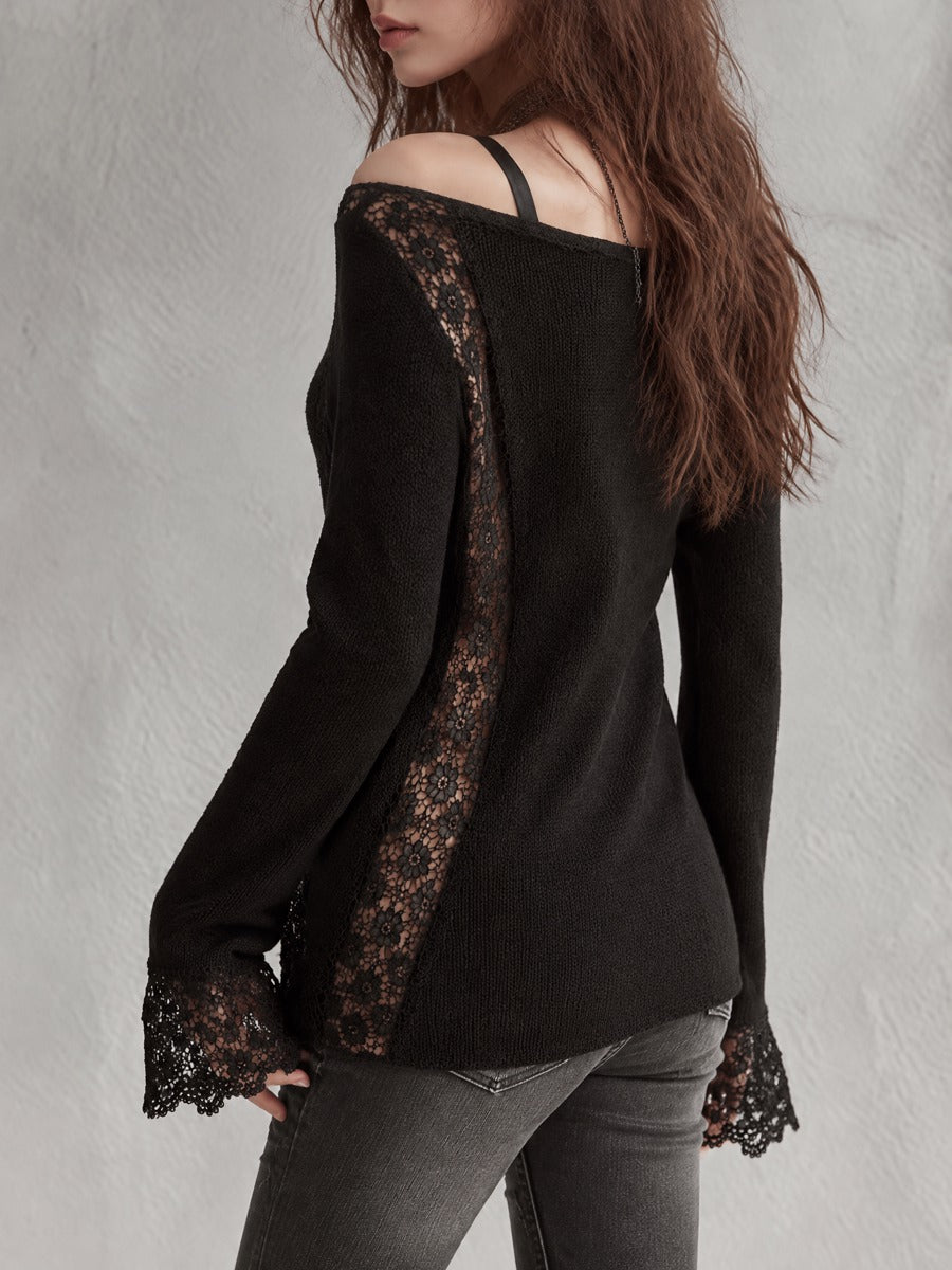 Black Floral Lace Insert Boat Neck Knit Sweater