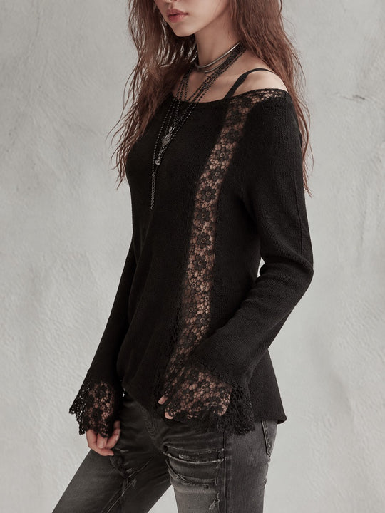 Black Floral Lace Insert Boat Neck Knit Sweater