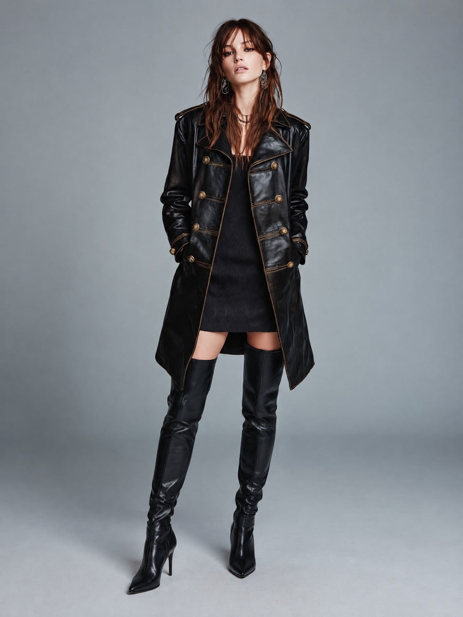 Women's Black Faux Leather Military Midi Coat with Gold Double-Breasted