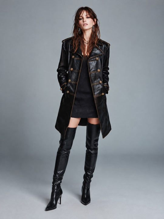 Women's Black Faux Leather Military Midi Coat with Gold Double-Breasted