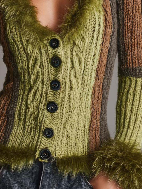 Retro Color-blocked Cable Knit Long-sleeved Cardigan With Frayed Edges