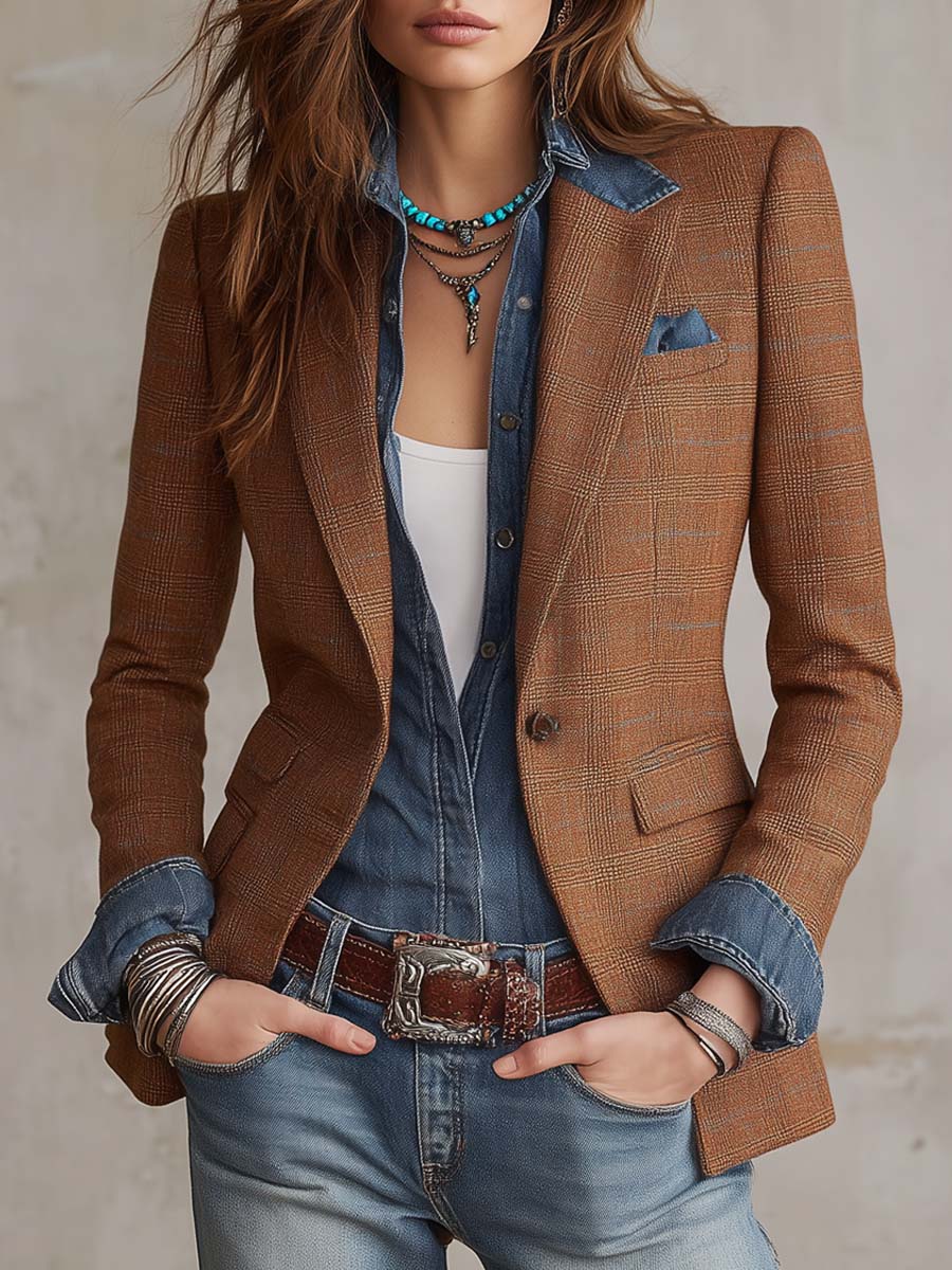 Women's Rust Brown Plaid Single-Button Notch Lapel Fitted Blazer