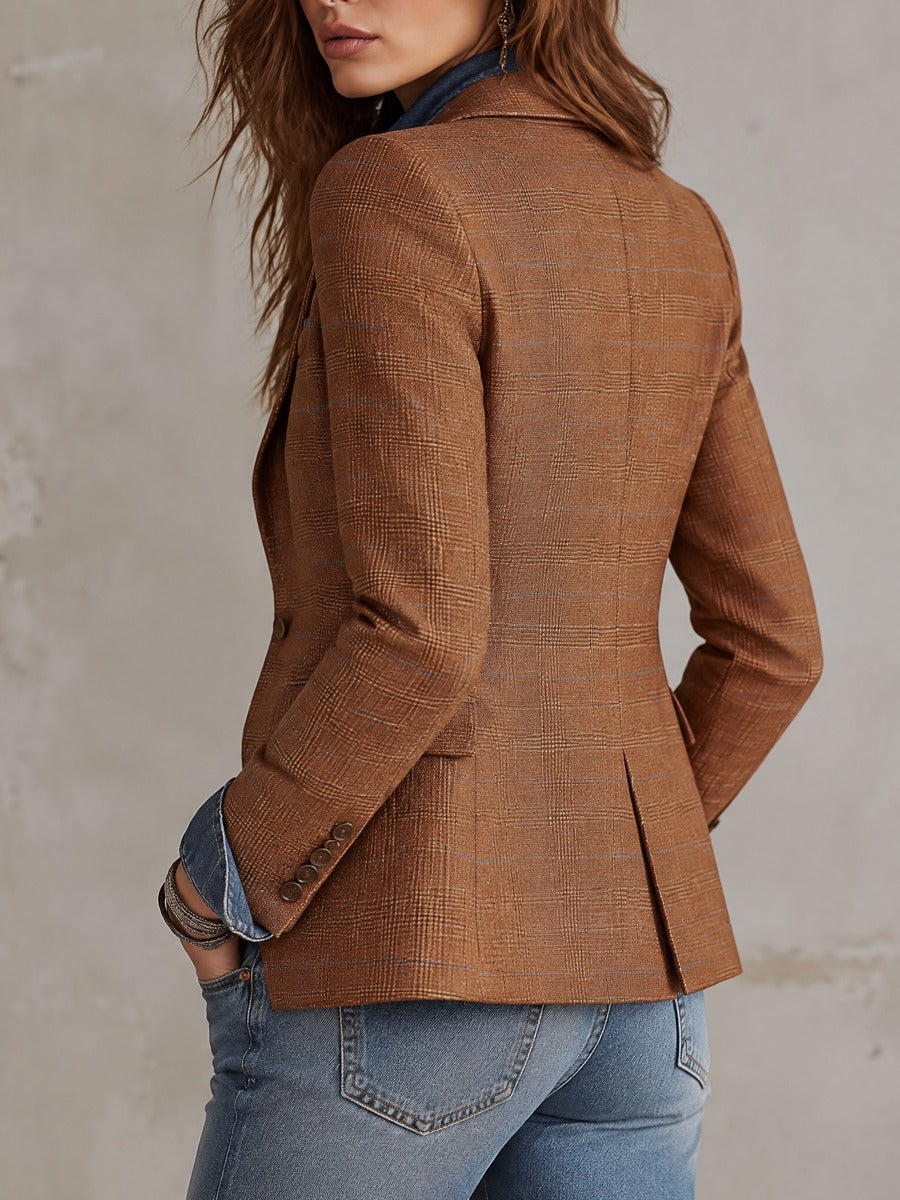Women's Rust Brown Plaid Single-Button Notch Lapel Fitted Blazer