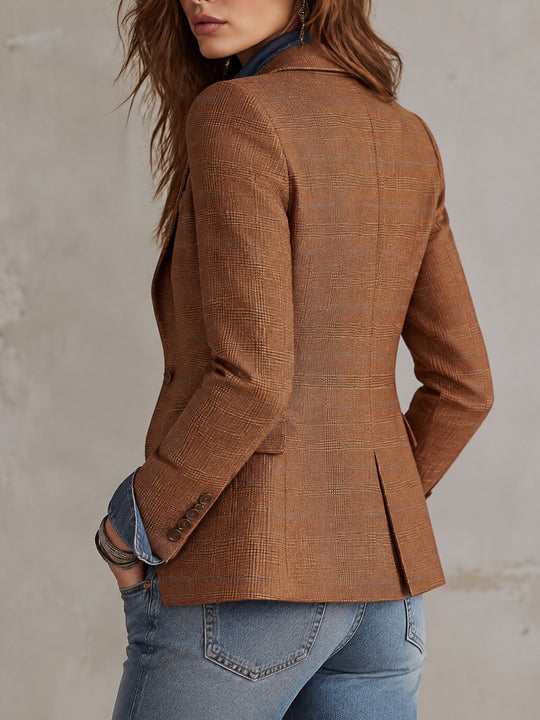 Women's Rust Brown Plaid Single-Button Notch Lapel Fitted Blazer