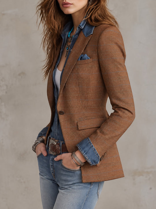 Women's Rust Brown Plaid Single-Button Notch Lapel Fitted Blazer