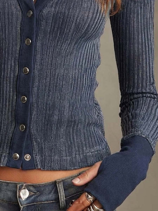 Distressed-style Ribbed Knit Long-sleeve Top With Thumbholes