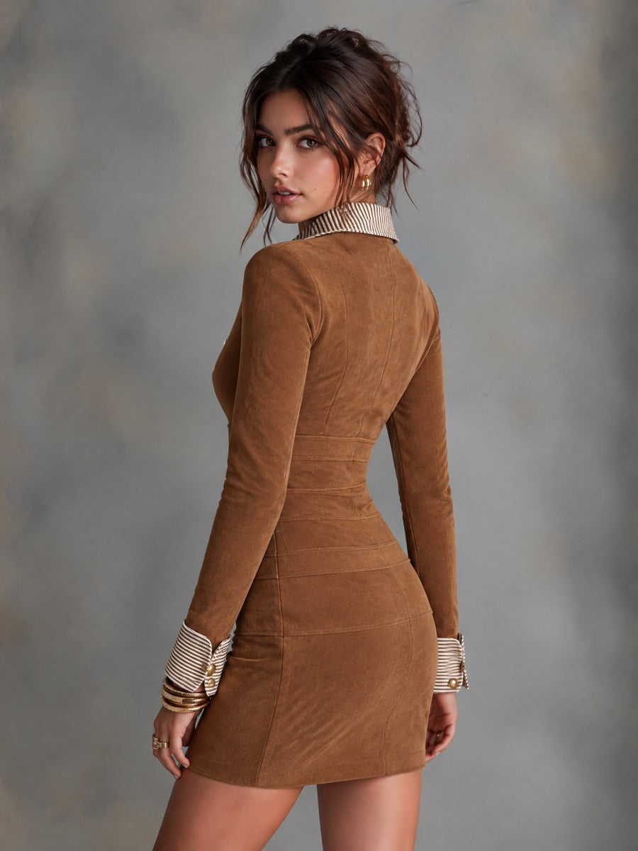 Brown Suede-Look Long Sleeve Bodycon Mini Dress with Striped Shirt Collar & Cuffs