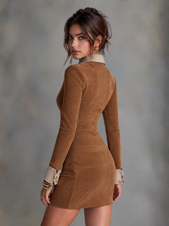 Brown Suede-Look Long Sleeve Bodycon Mini Dress with Striped Shirt Collar & Cuffs