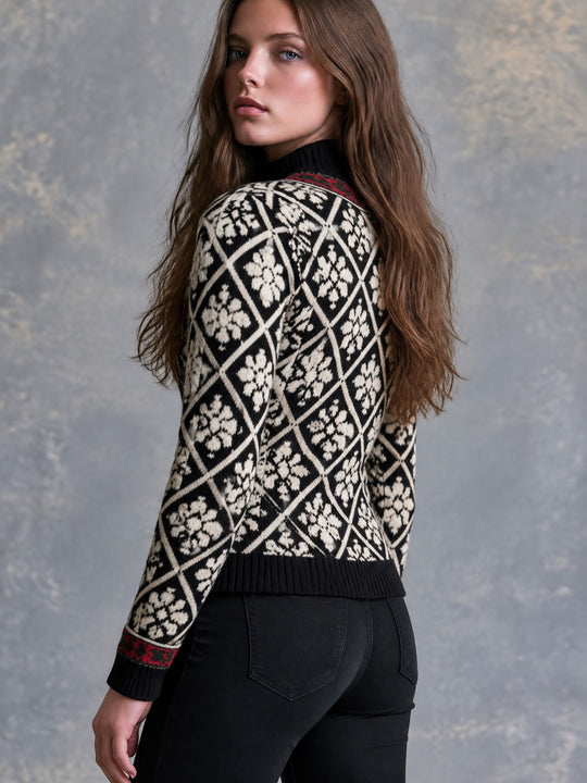 Retro Black Geometric Floral Jacquard Knit Cardigan With Silver Clasp Closures