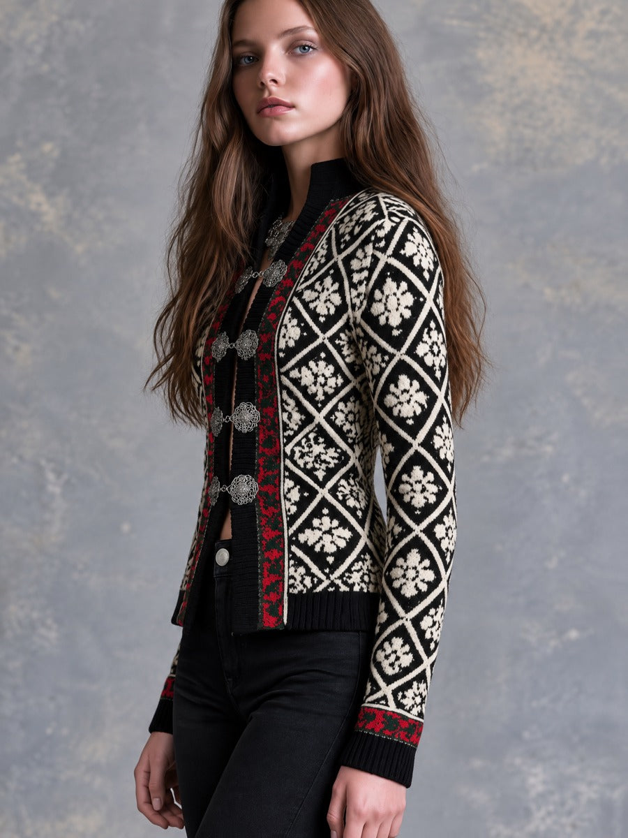 Retro Black Geometric Floral Jacquard Knit Cardigan With Silver Clasp Closures