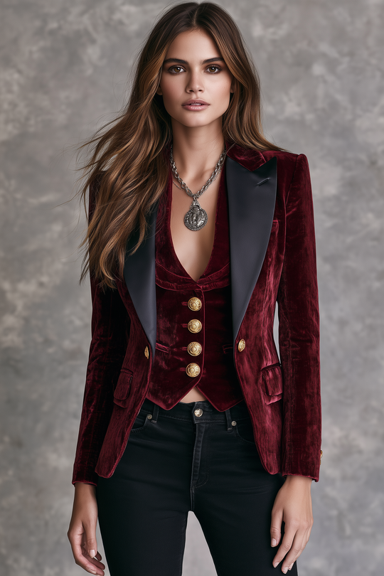 Retro Burgundy Velvet Blazer And Vest Two-Piece Set