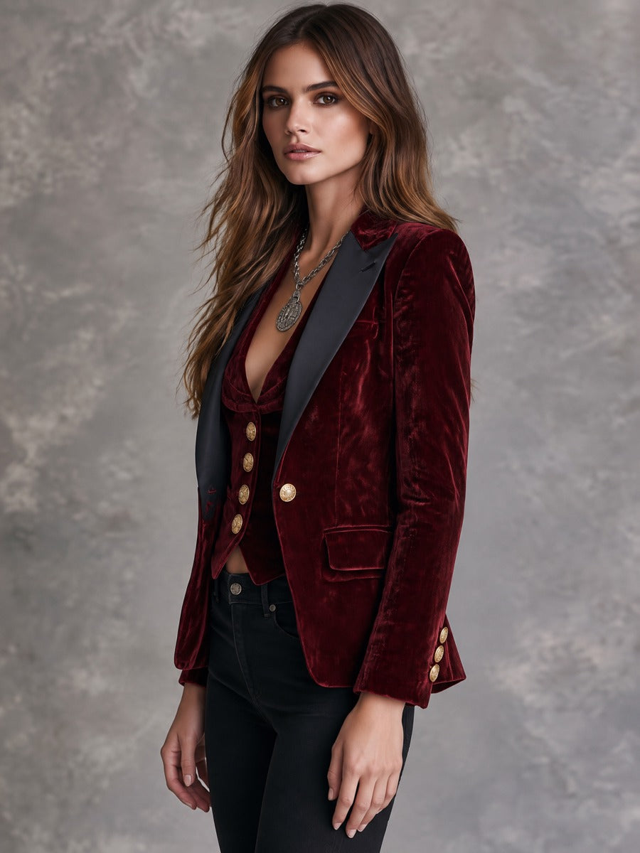 Retro Burgundy Velvet Blazer And Vest Two-Piece Set