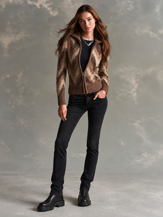Retro Fuzzy Chevron Knit Zip-Up Cardigan Sweater With Stand Collar