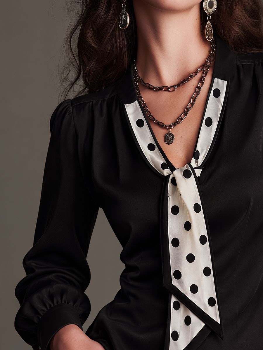 Vintage Black Polka Dot Tie-Neck Long Sleeve Blouse