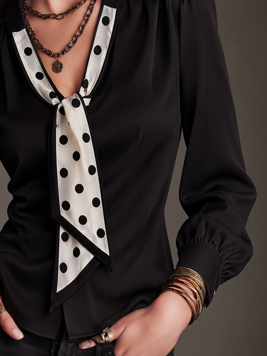 Vintage Black Polka Dot Tie-Neck Long Sleeve Blouse
