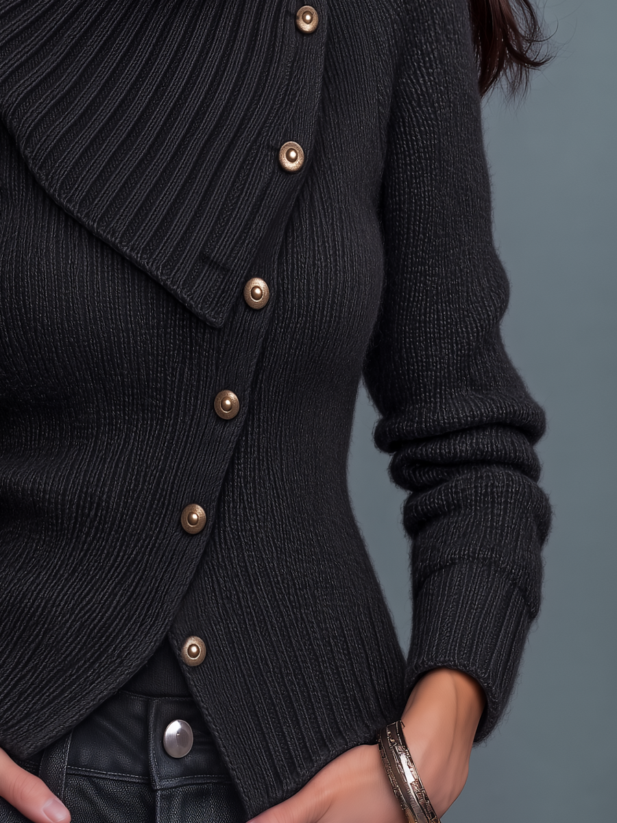 Elegant Charcoal Gray Asymmetric Button Cowl Neck Knit Sweater