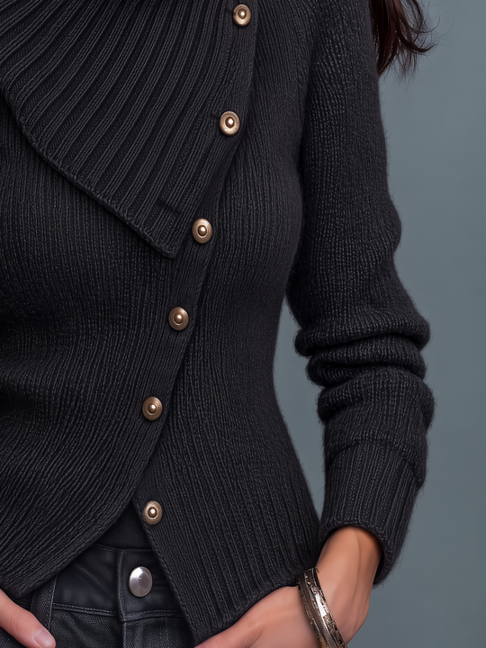 Elegant Charcoal Gray Asymmetric Button Cowl Neck Knit Sweater