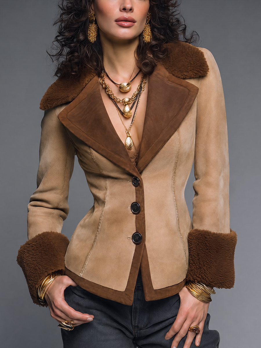 Vintage Camel Brown Contrast Faux Fur Trim Suede Jacket