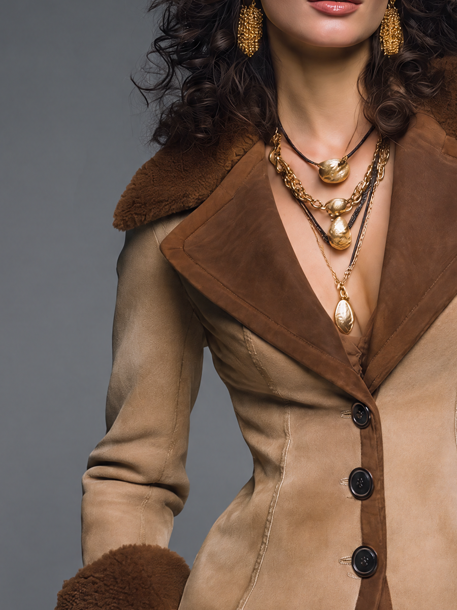 Vintage Camel Brown Contrast Faux Fur Trim Suede Jacket