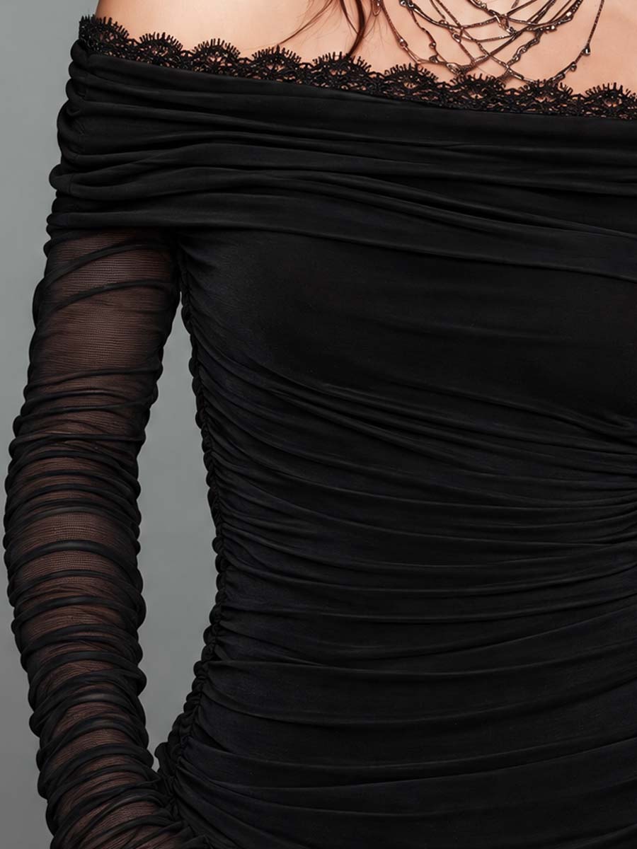 Black Off-Shoulder Lace Trim Ruched Top with Sheer Mesh Long Sleeves