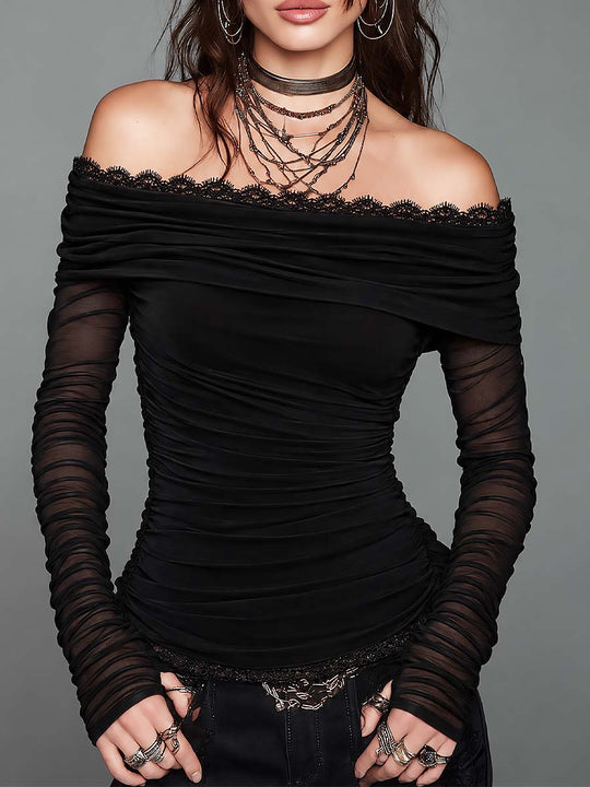 Black Off-Shoulder Lace Trim Ruched Top with Sheer Mesh Long Sleeves