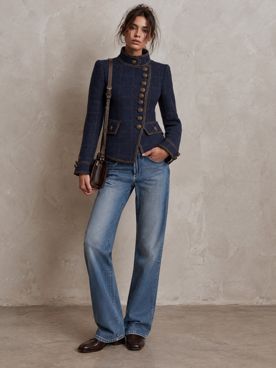 Women's Navy Plaid Wool-Blend Asymmetric Placket Jacket