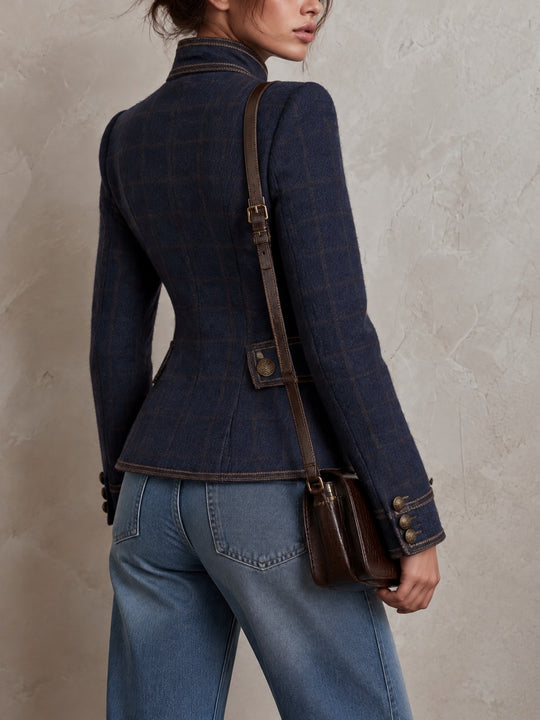 Women's Navy Plaid Wool-Blend Asymmetric Placket Jacket