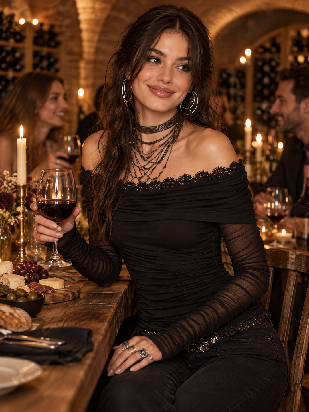 Black Off-Shoulder Lace Trim Ruched Top with Sheer Mesh Long Sleeves