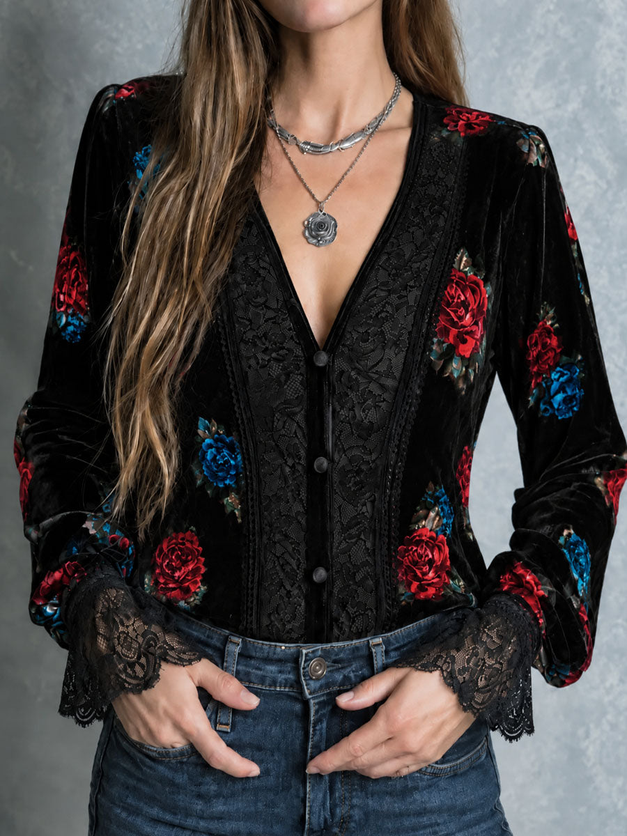 Retro Black Velvet Rose Print Blouse With Lace Panels