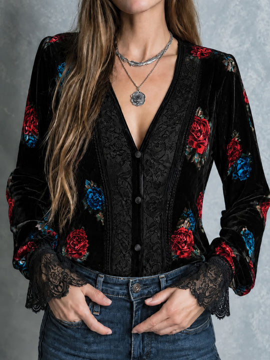 Retro Black Velvet Rose Print Blouse With Lace Panels