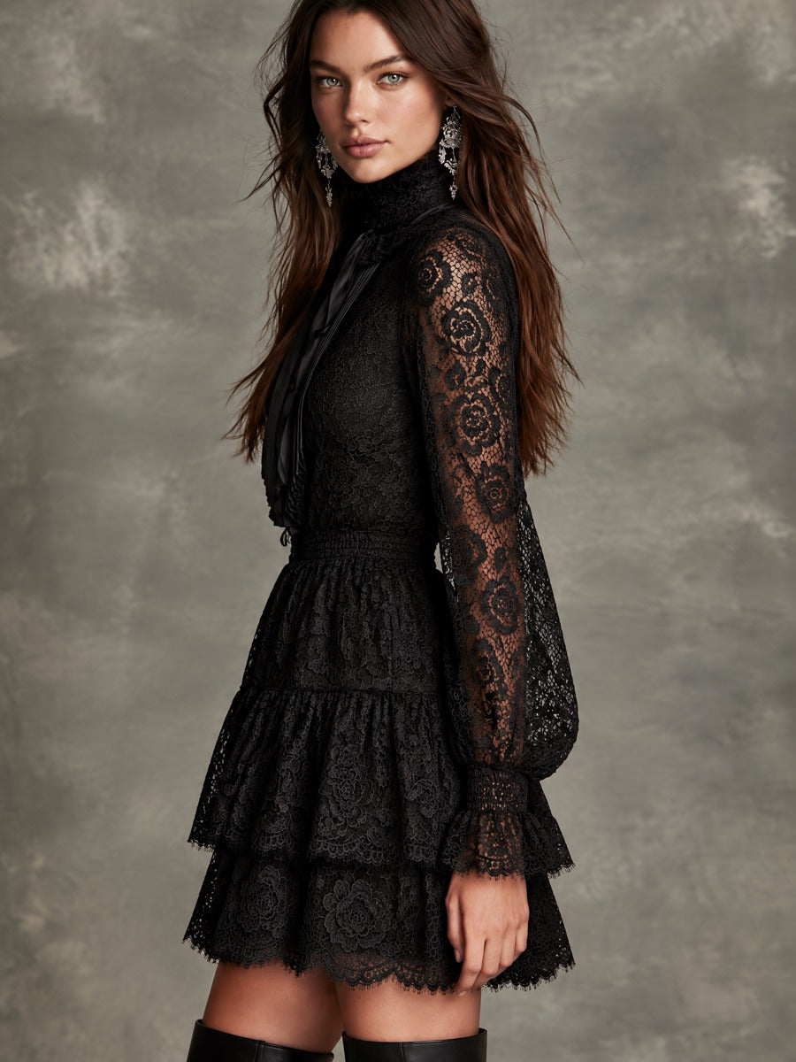 Retro Black Floral Lace Bow Tie High Neck Mini Dress With Tiered Ruffle Skirt