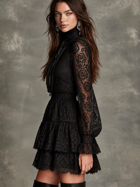 Retro Black Floral Lace Bow Tie High Neck Mini Dress With Tiered Ruffle Skirt