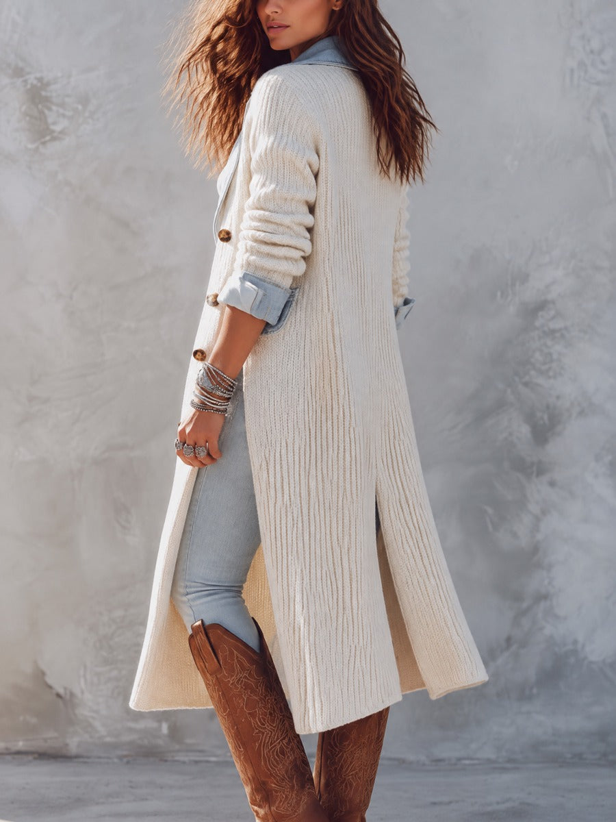Women's Cream Ribbed Knit Longline Coat With Light Blue Denim Lapels
