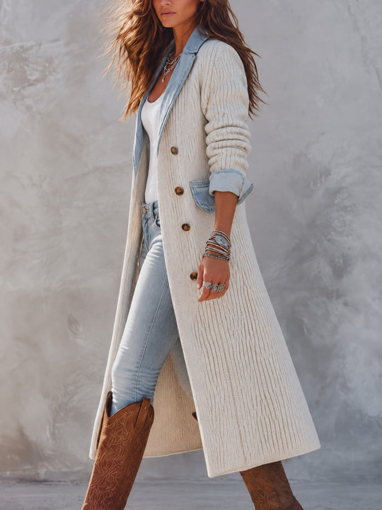 Women's Cream Ribbed Knit Longline Coat With Light Blue Denim Lapels