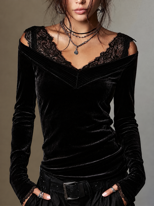 Women's Black Velvet Off-Shoulder V-Neck Long Sleeve Top with Lace Trim