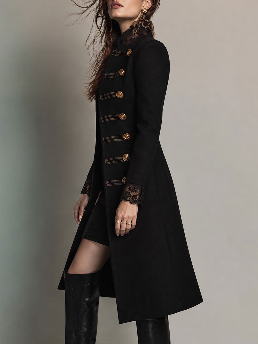 Black Military Lace-Trim Mid-length Wool Coat with Gold Buttons