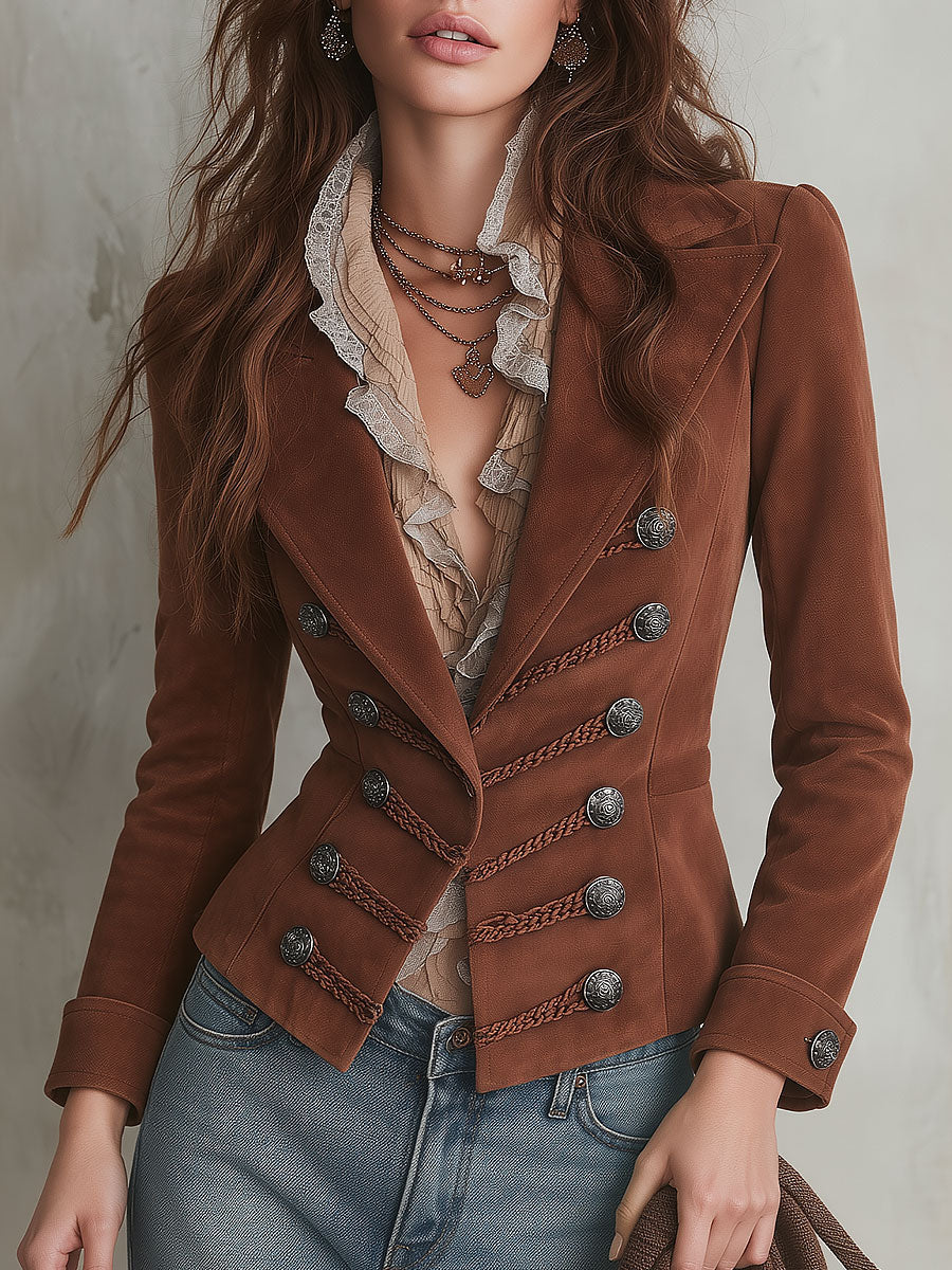 Retro Rust Brown Faux Suede Military Jacket with Cable-knit Webbing