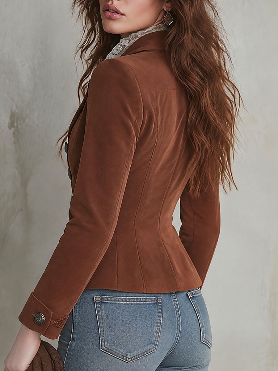 Retro Rust Brown Faux Suede Military Jacket with Cable-knit Webbing