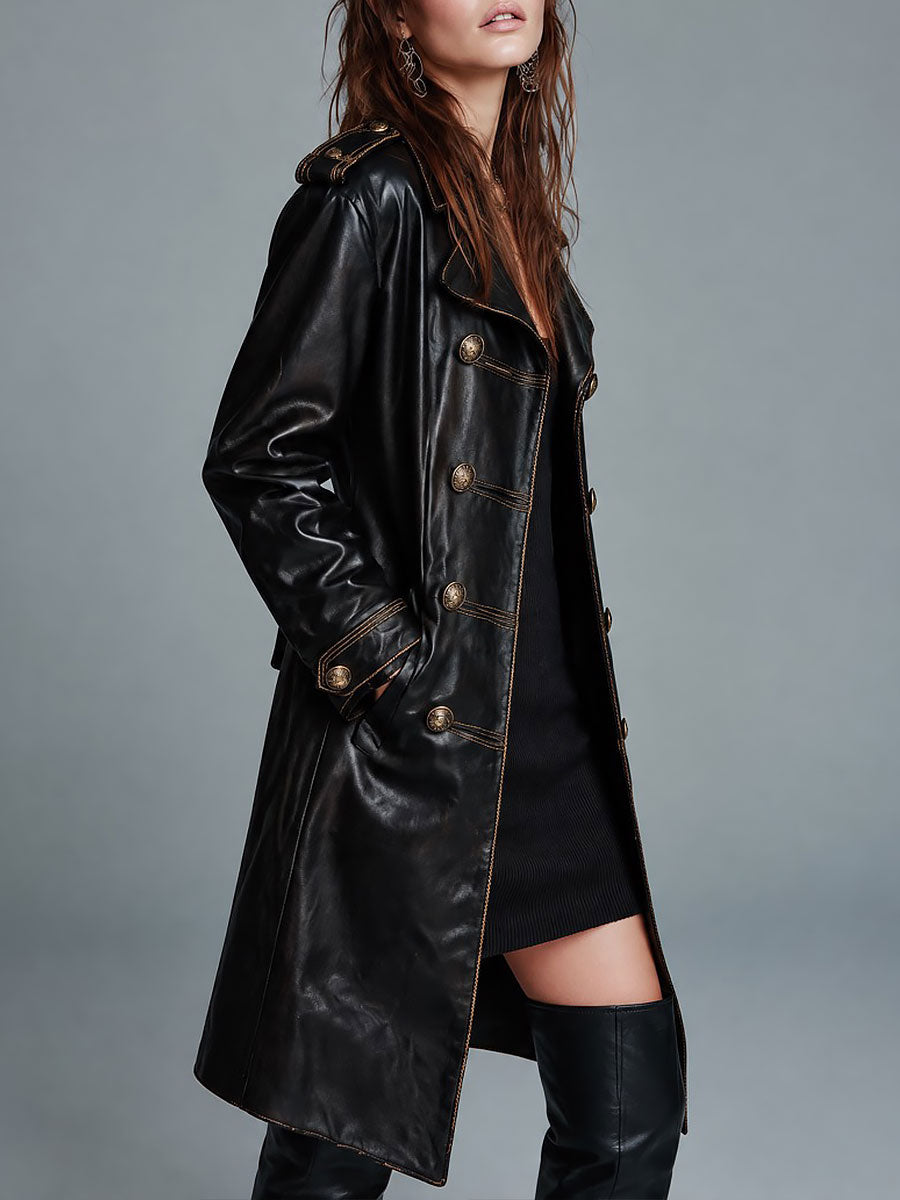 Women's Black Faux Leather Military Midi Coat with Gold Double-Breasted